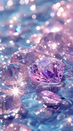 A magical scene brightly colored diamonds in a dreamy palette, light pink, light blue, and clear diamonds gracefully floating in light blue water.