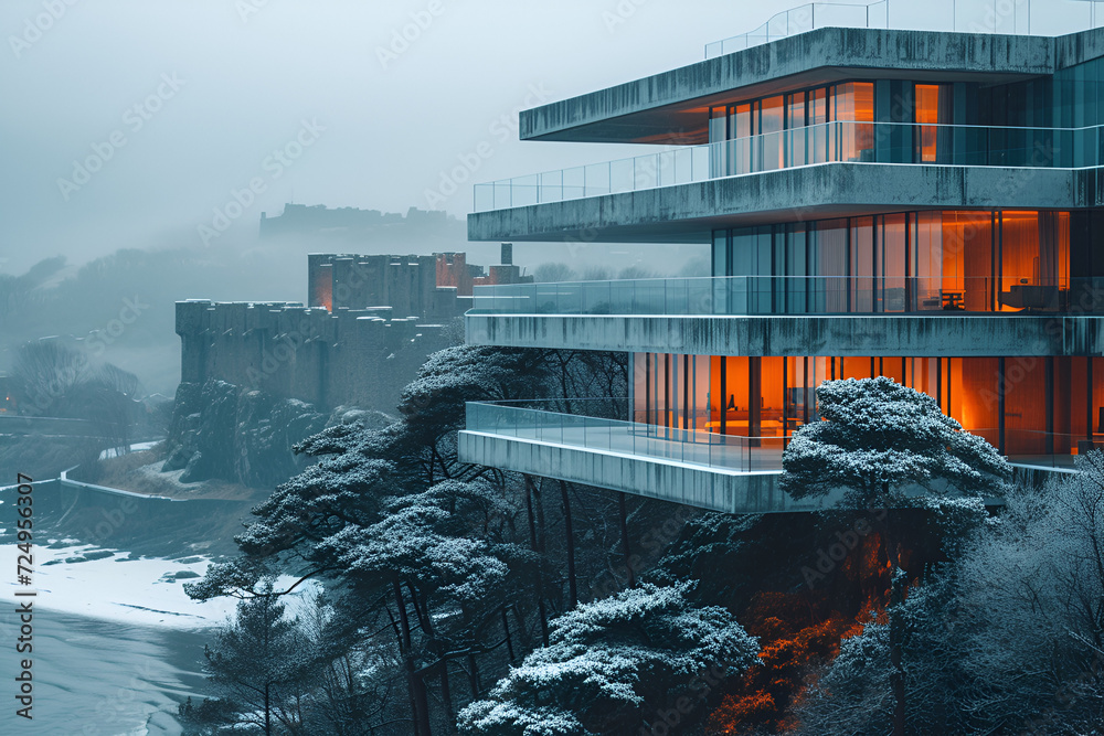 A modern high-rise building with glass windows, contrasting an ancient ...