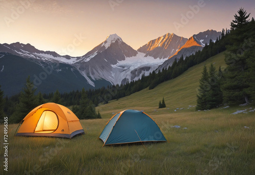 Illustration of a camp tent with mountains on the background. Camping with beautiful landscape. Generative AI