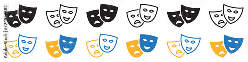 Set of theatrical masks icons. Comedy and tragedy masks, happy and unhappy masks. Masquerade vector icons.
