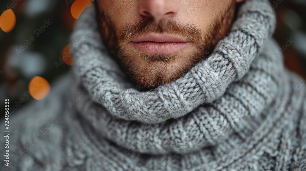 Close-up of a Man's Face Wearing a Knitted Sweater, A Man with a Beard and Mustache in a Gray Sweater, The Face of a Handsome Man with a Gray Sweater, 