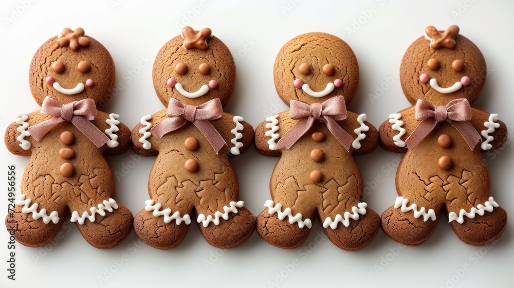  a group of ginger cookies that have been decorated to look like gingerbread men with bows and bows on their heads, all of them are lined up in a row.
