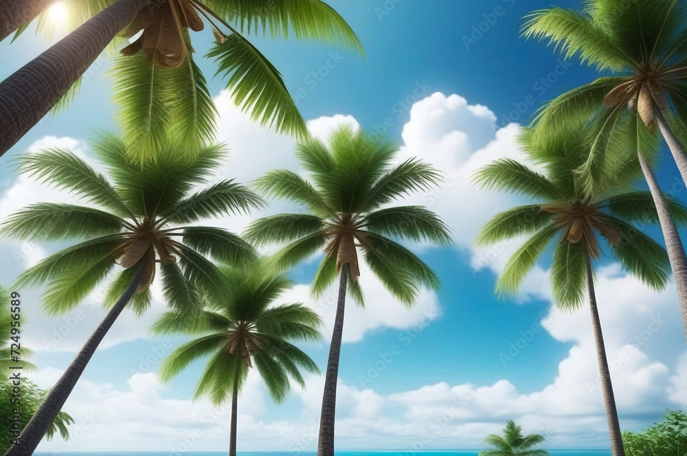 Tropical natural landscape with coconut palm trees at sky background, amazing tropic scenery. Concept of summer vacation and travel holiday. Fantastic sunrise for vacation design. Copy ad text space