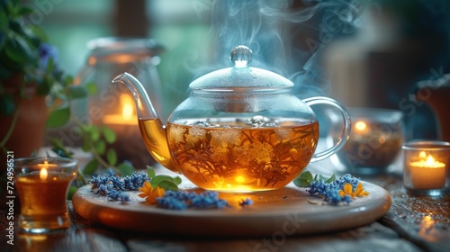  a tea pot filled with tea sitting on top of a wooden table next to a cup of tea and a tea pot filled with flowers on top of a plate.