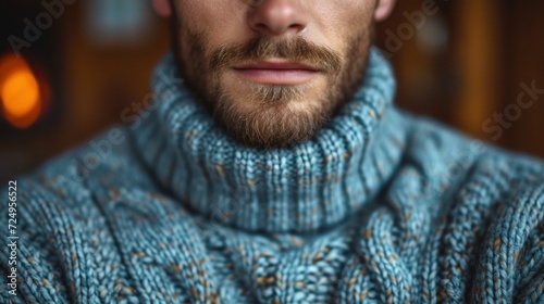 A Man's Fashionable Sweater, Close-Up of a Bearded Man Wearing a Knit Sweater, The Blue Sweater on the Man's Face, Fine Knitting on a Man's Sweater. photo