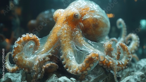  an orange and white octopus sitting on top of a rock in an aquarium filled with lots of seaweed and other marine life in it's plastic wrap around its body. © Albert