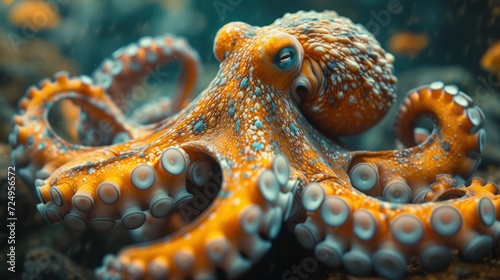 a close up of an orange and white octopus on the ocean floor with bubbles on it's body and a blue eye in the center of the octopus's eyes. © Albert