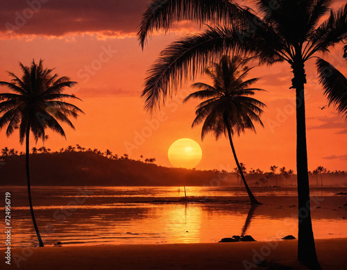 Tropical natural landscape with palm trees at sunset background, amazing tropic scenery, dark sky. Concept of summer vacation and travel holiday. Fantastic sunrise for vacation design. Copy text space