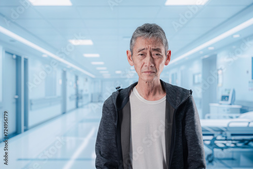 入院中に病院の中を歩く高齢男性 photo