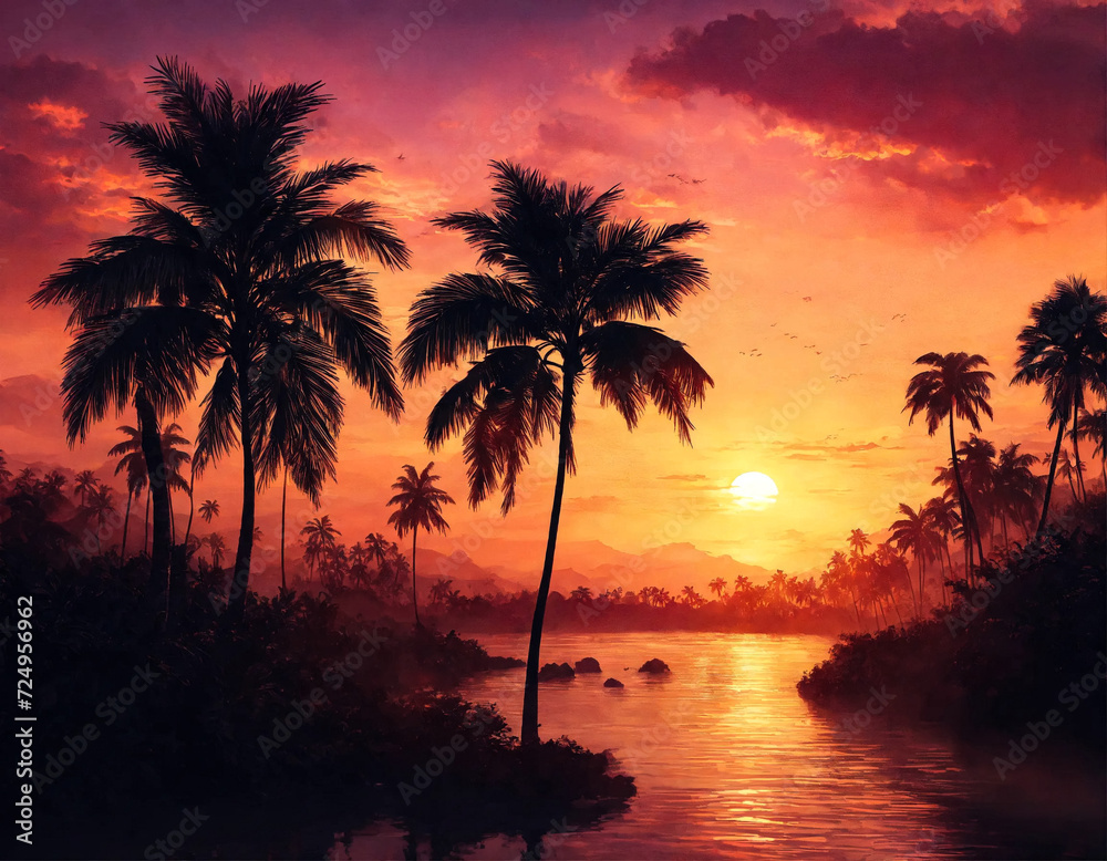 Tropical natural landscape with silhouettes palm trees at sunset backdrop, amazing tropic scenery. Fantastic sunrise for vacation design. Concept of summer vacation and travel holiday. Copy text space