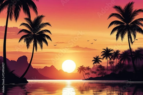 Tropical natural landscape with silhouettes palm trees at sunset backdrop, amazing tropic scenery. Fantastic sunrise for vacation design. Concept of summer vacation and travel holiday. Copy text space