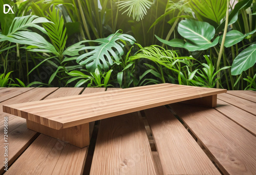 Wood table top stand for product display with tropical nature concept  dreamy blurred tropical leaves background
