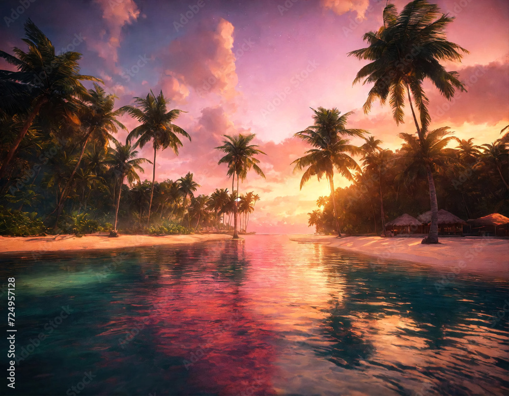 Tropical natural landscape panorama with palm trees at sky background, amazing tropic scenery. Concept of summer vacation and travel holiday. Fantastic sunrise for vacation design. Copy ad text space