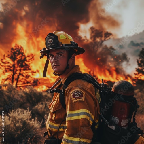 A brave rescuer stands tall, donning protective gear and a determined expression, as they battle the fierce flames of a raging wildfire © Dejan