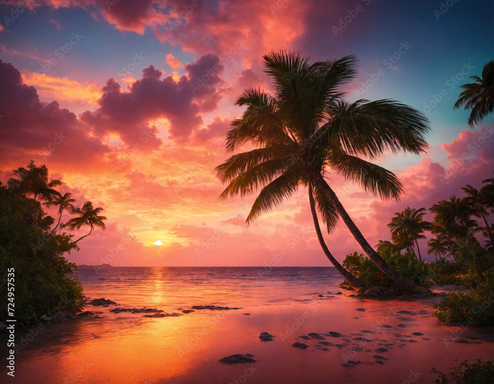 Tropical natural ocean landscape sunset for backgrounds, amazing tropic scenery. Fantastic sunrise on sea for vacation style design. Concept of summer vacation and travel holiday. Copy ad text space