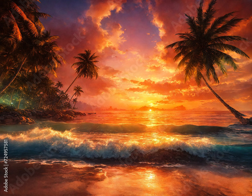 Tropical natural sea landscape sunset for backgrounds, amazing tropic scenery. Fantastic sunrise, blue sky on ocean for vacation design. Concept of summer vacation and travel holiday. Copy text space