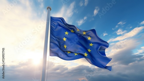 EU flag waving in the wind, copy space, 16:9 photo