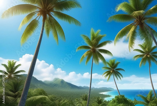 Background tropical nature landscape with coconut palm trees on fantastic seascapes  amazing blue sky with clouds for concept of summer vacation and business travel