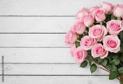 Bouquet of beautiful pink roses on white wooden background with copy space. Women's Day, Mother's Day, Valentine's Day, Wedding concept. © SR07XC3