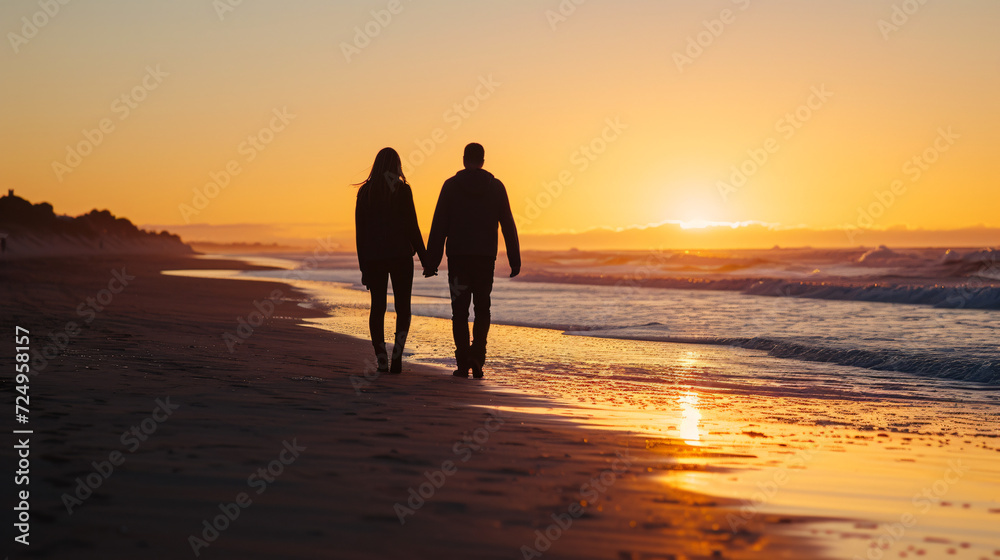 A couple walking hand in hand along a beach at sunset.