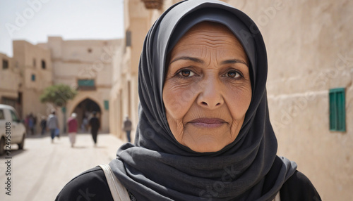 Serious Old Arab muslim woman wearing a hijab posing in a northern african city. Generative ai photo