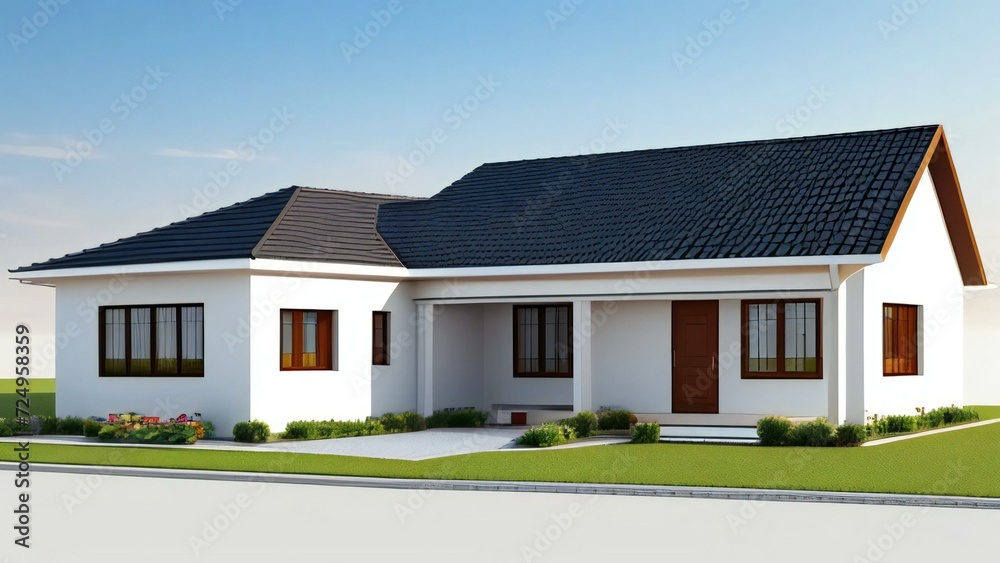 3d house model rendering on white background, Clean and precise 3D illustration modern cozy house. Concept for real estate or property.