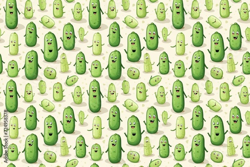 Seamless pattern of cute, anthropomorphic pickles with various expressions on a light background