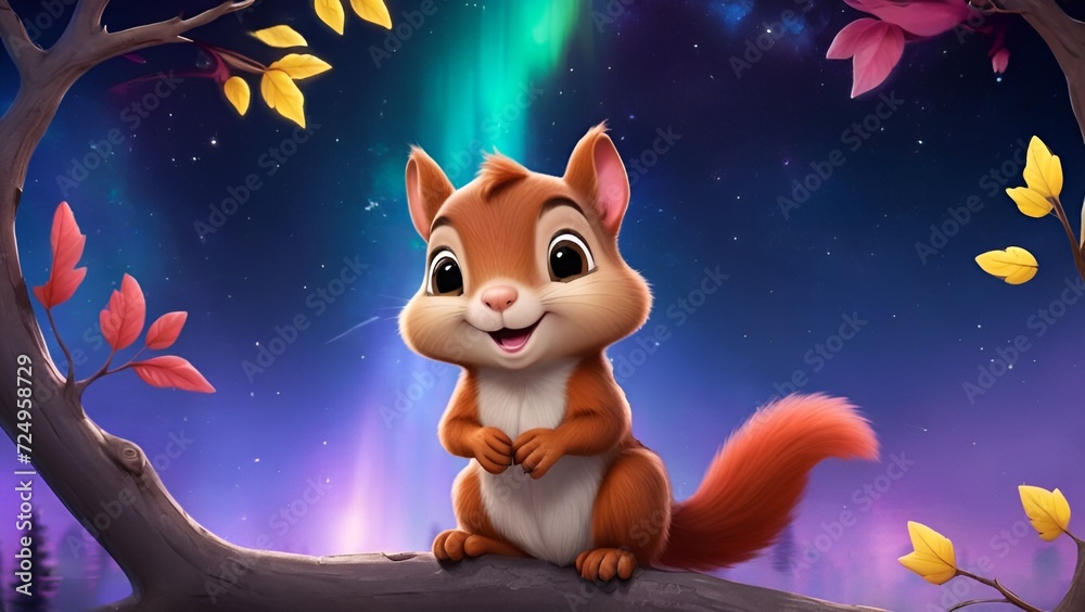 Starry Night Whispers, Cute Cartoon Squirrel Under Night Sky with northern lights, Cute baby squirrel, baby animals, Beautiful colourful nature and the sky
