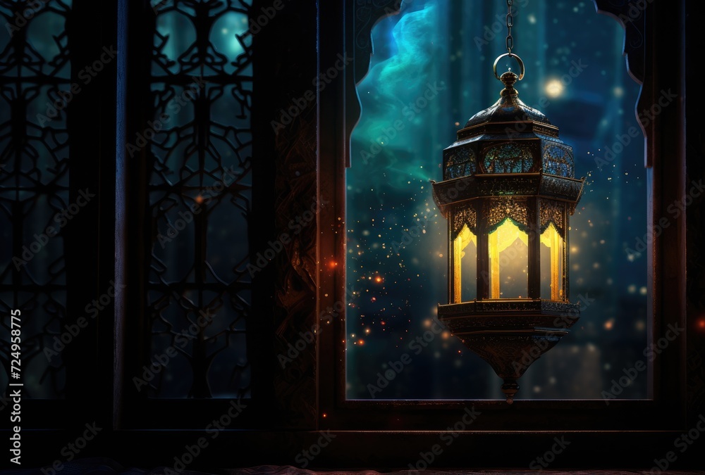 The glow of a Ramadan lamp juxtaposed against the night window shell, providing room for text or imagery. The glow of a Ramadan lamp juxtaposed against the night window shell, providing room for text or imagery.