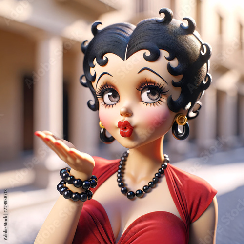Portrait de femme déguisée en personnage de dessin animé de type Betty avec cheveux noirs bouclés, lèvres rouge,  photo