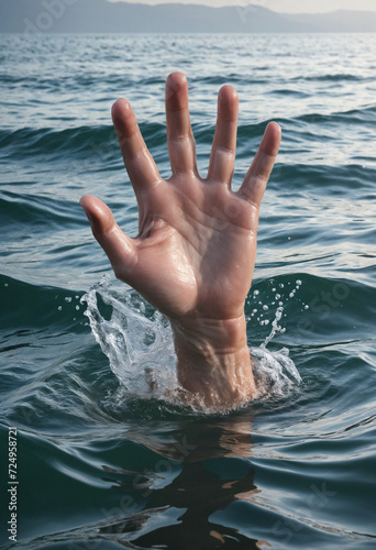 The desperate hand of a drowning person in sea water, quickly needing help and rescue - Drowning concept to illustrate emergency, panic, bankruptcy, depression, burnout, mental load, need assistance