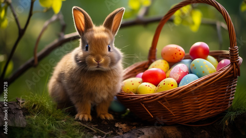 Easter bunny and colorful eggs in a nest of flowers on a green background. High quality photo