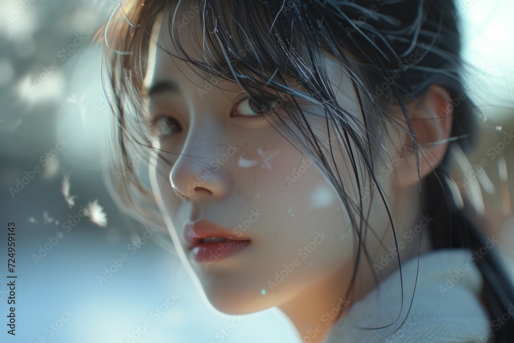 Ethereal portrait of a young woman amidst snowflakes, her gaze evoking a wistful winter's tale.
Ethereal portrait of a young woman amidst snowflakes, her gaze evoking a wistful winter's tale.