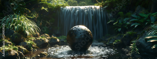 the stone sphere in the middle of a waterfall in the 