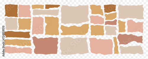 Set of torn paper pieces of different shapes in pastel colors on isolated checkered background. Cut beige paper collection for the text. Jagged rectangles. Stock vector illustration