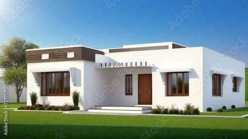 3d house model rendering on white background, Clean and precise 3D illustration modern cozy house. Concept for real estate or property. © samsul