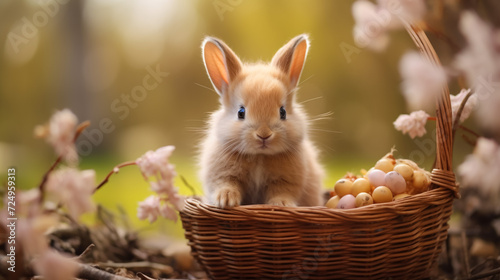 Little Bunny In Basket With Decorated Eggs - Easter Card