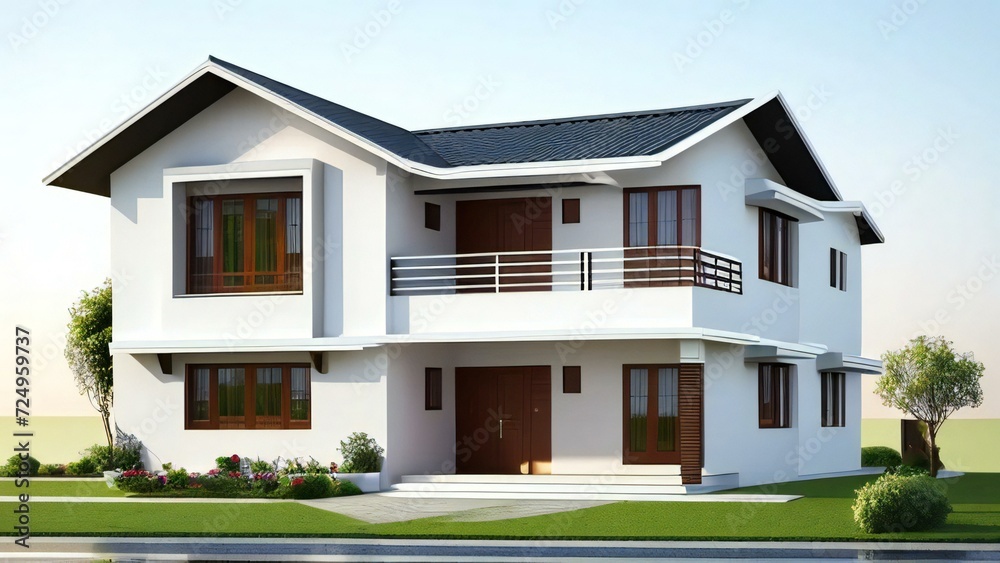 3d house model rendering on white background, Clean and precise 3D illustration modern cozy house. Concept for real estate or property.