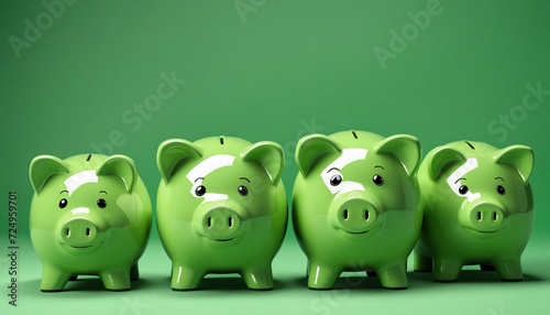 Green pigs family, piggy banks isolated on green background - Green investment success, eco savings concept photo
