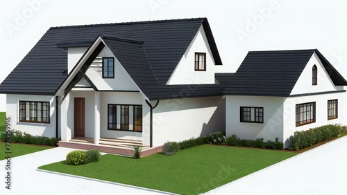 3d house model rendering on white background, Clean and precise 3D illustration modern cozy house. Concept for real estate or property.