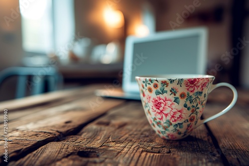 A quaint, floral-patterned coffee cup, sitting on a rustic, reclaimed wood desk in a well-illuminated office. The laptop in the background is tastefully out of focus