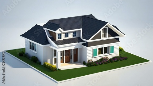 3d house model rendering on white background, Clean and precise 3D illustration modern cozy house. Concept for real estate or property.