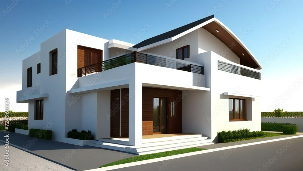 Fototapeta premium Modern luxury villa with white facade and wood accents, contemporary two-story residential house design, elegant suburban home architecture