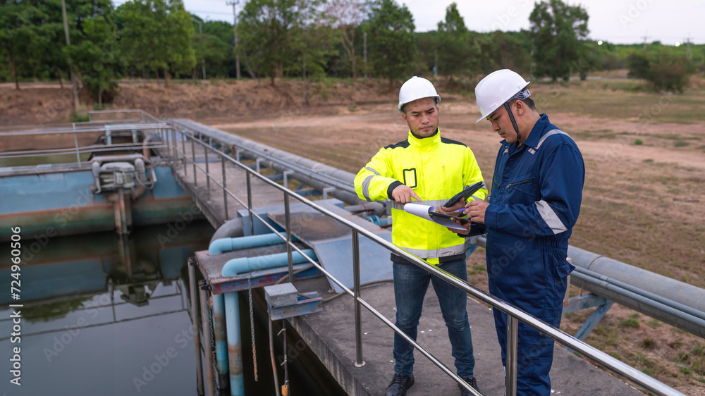 Environmental engineers work at wastewater treatment plants,Water supply engineering working at Water recycling plant for reuse,Technicians and engineers discuss work together. Environmental engineers work at wastewater treatment plants,Water supply engineering working at Water recycling plant for reuse,Technicians and engineers discuss work together.