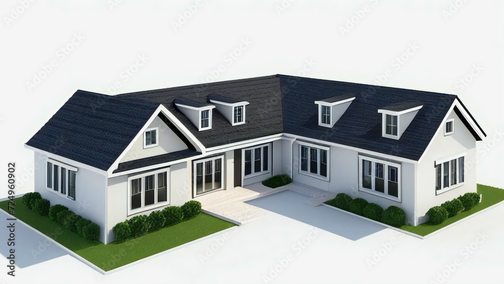 3d house model rendering on white background, Clean and precise 3D illustration modern cozy house. Concept for real estate or property.