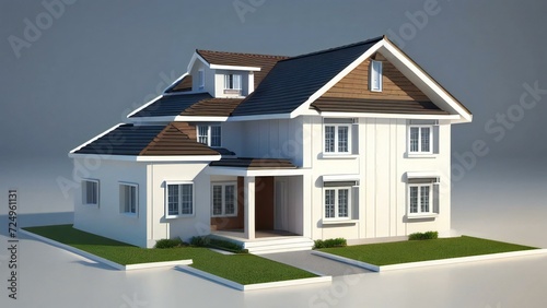 3d house model rendering on white background, Clean and precise 3D illustration modern cozy house. Concept for real estate or property.