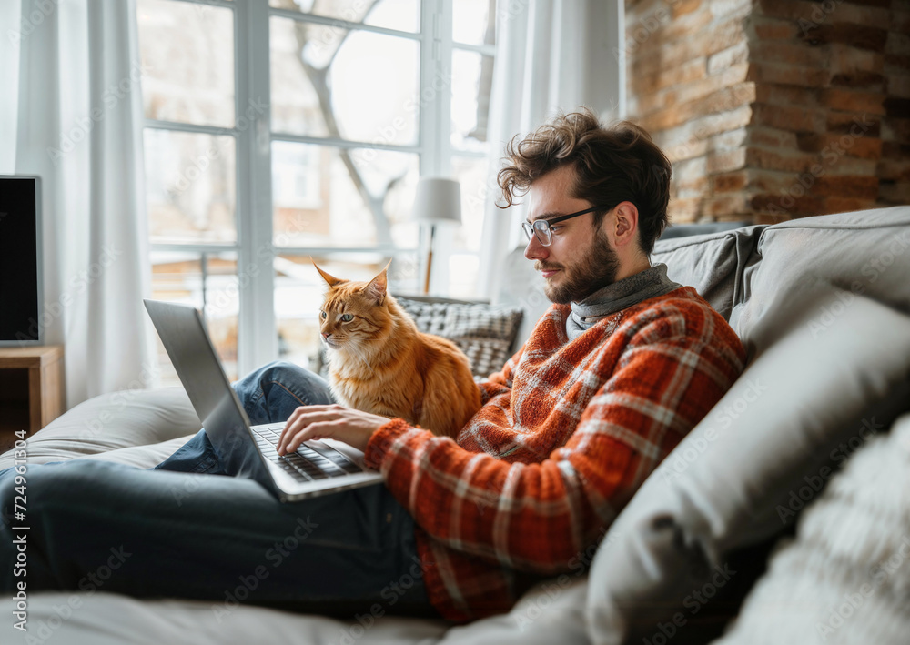 A handsome male model is woking on his laptop in home accompanied by his cat. Best friends A handsome male model is woking on his laptop in home accompanied by his cat. Best friends
