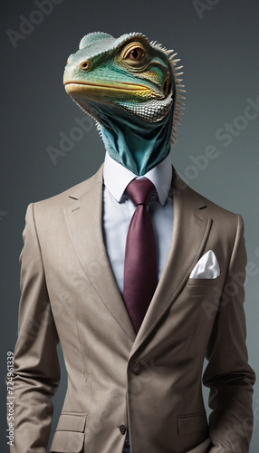 Lizard dressed in an elegant suit with a nice tie. Fashion portrait of an anthropomorphic animal, reptile, iguana, shooted in a charismatic human attitude - Generative AI