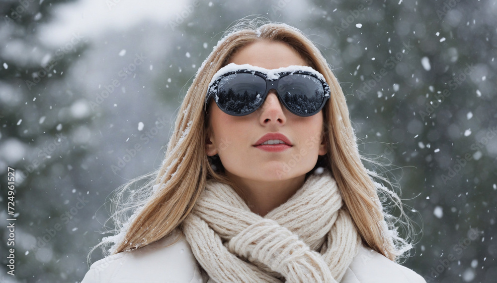 Portrait of a young caucasian woman wearing sunglasses during winter with snowfall background Portrait of a young caucasian woman wearing sunglasses during winter with snowfall background