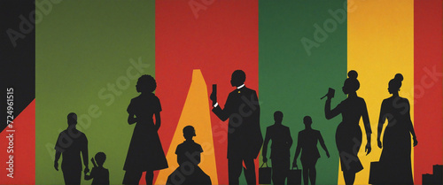 Black History Month color background. African Americans history celebration. Abstract geometric red, yellow, green color background with black paper cut people silhouette. Top view